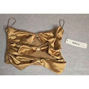 OLIA Satin Bow Cami Top Gold Sz S Smocked Back Women's NWT PROTOTYPE